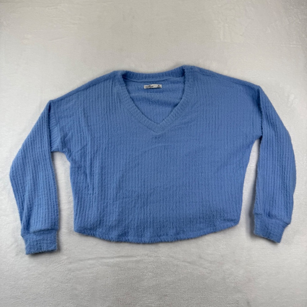 Hollister M‎ Blue Fuzzy V-Neck Ribbed Knit Sweater Long Sleeve Soft Cropped